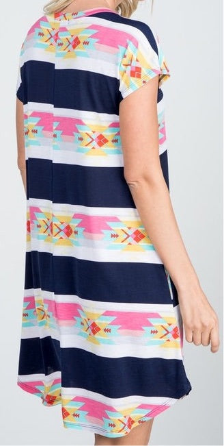 Aztec Short Sleeve Dress with Side Pocket