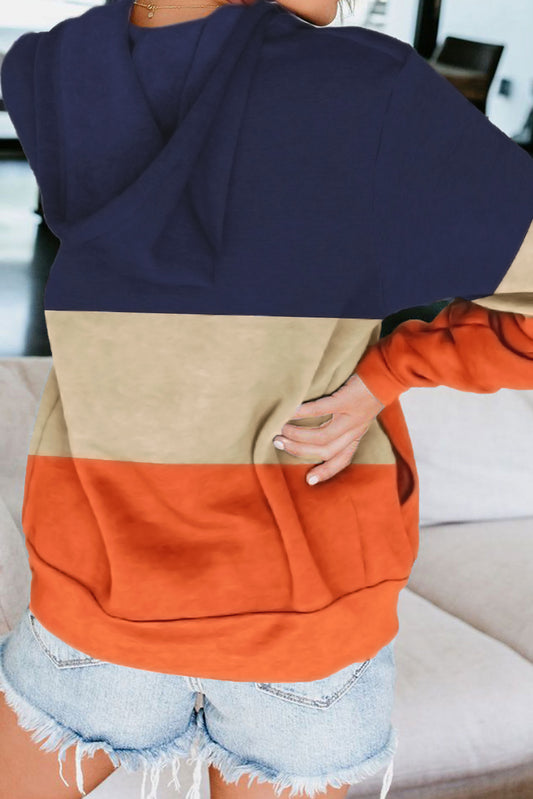 Orange Zip Color Block Drawstring Hoodie