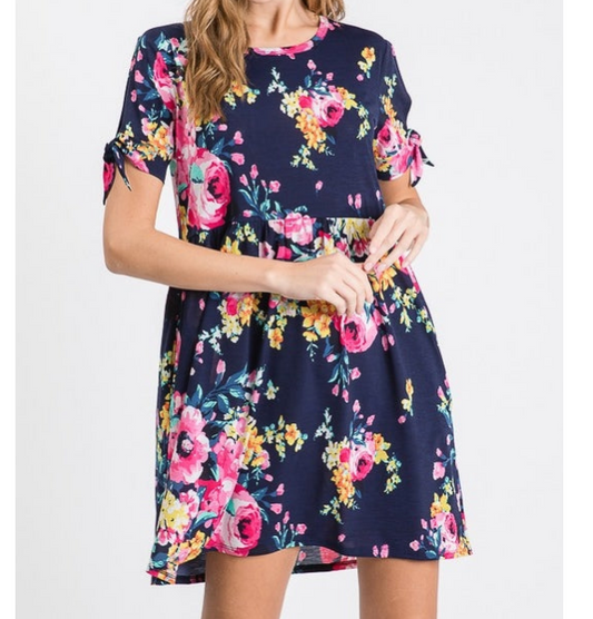 Floral Dress with Tie Detail on Sleeve and Side Pockets